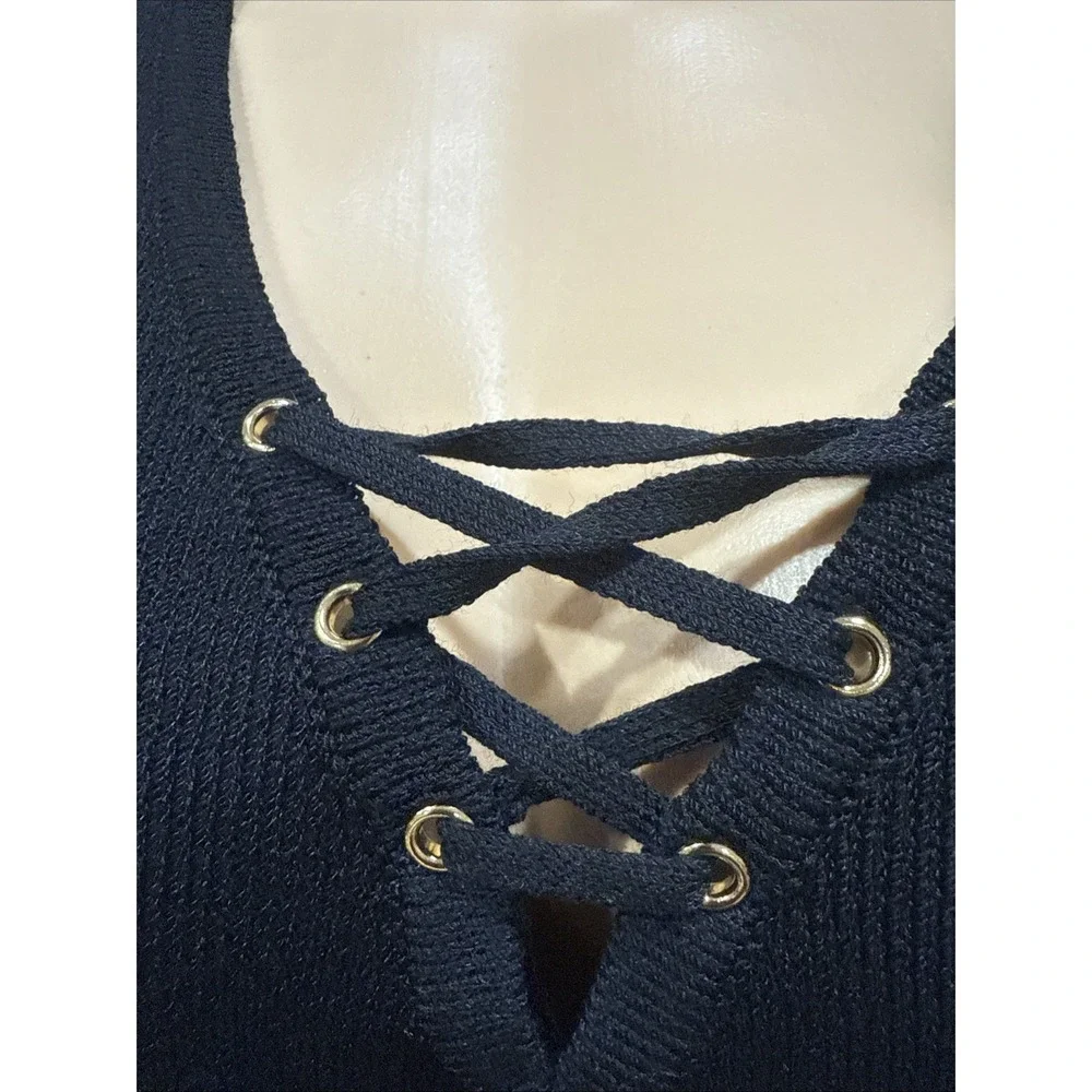 ST. JOHN Collection by Marie Gray Knit  Laced V-neck  Studs Black Sweater